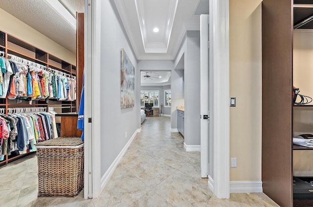 interior space featuring light tile patterned floors and ornamental molding