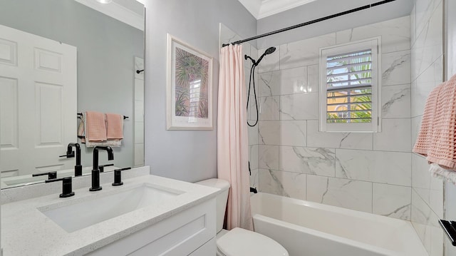 full bathroom with vanity, crown molding, shower / bathtub combination with curtain, and toilet