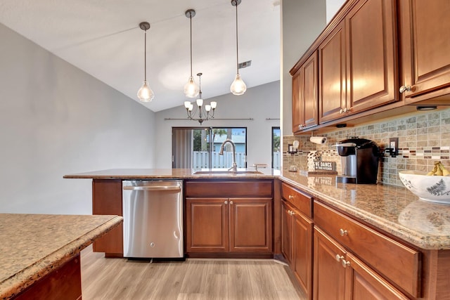 kitchen with sink, hanging light fixtures, kitchen peninsula, vaulted ceiling, and stainless steel dishwasher