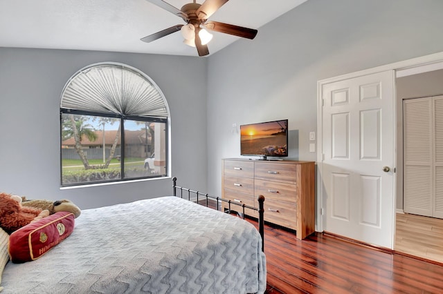 bedroom featuring ceiling fan and hardwood / wood-style floors