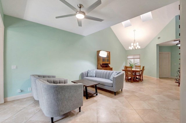 living room featuring high vaulted ceiling, light tile patterned flooring, and ceiling fan with notable chandelier