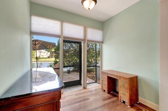 home office with light hardwood / wood-style floors and a water view