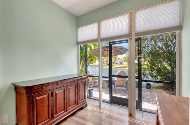 doorway to outside featuring light hardwood / wood-style floors and a water view