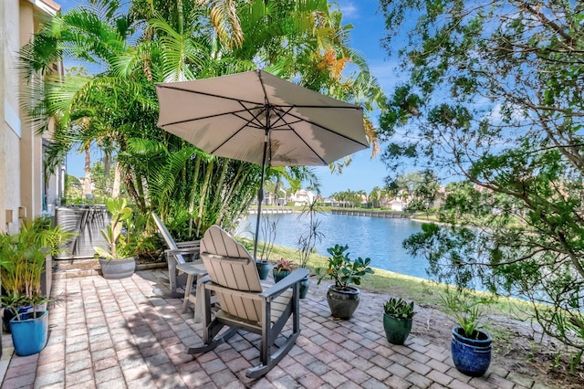 view of patio / terrace featuring a water view