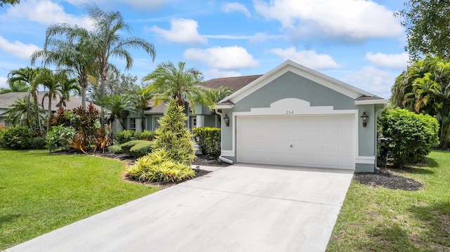 ranch-style home with a front lawn and a garage