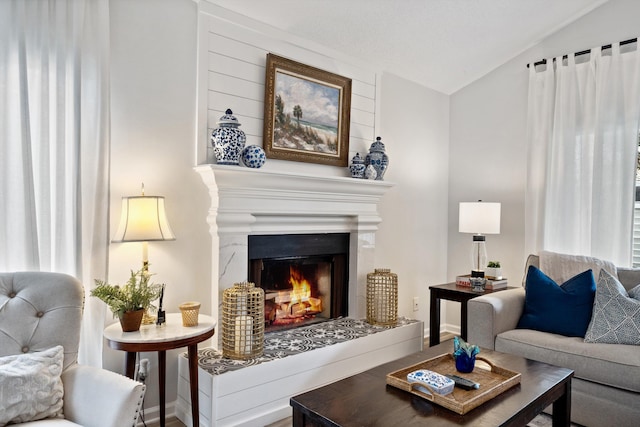 living area featuring a wealth of natural light and vaulted ceiling