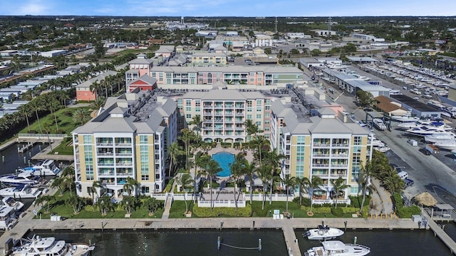 drone / aerial view featuring a water view