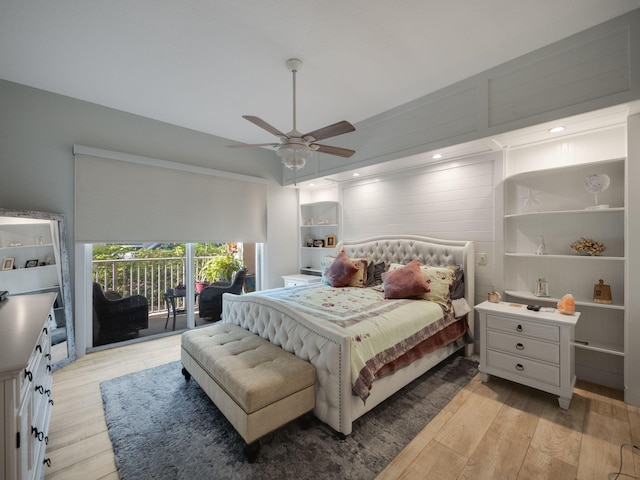 bedroom with ceiling fan, access to outside, and light hardwood / wood-style flooring