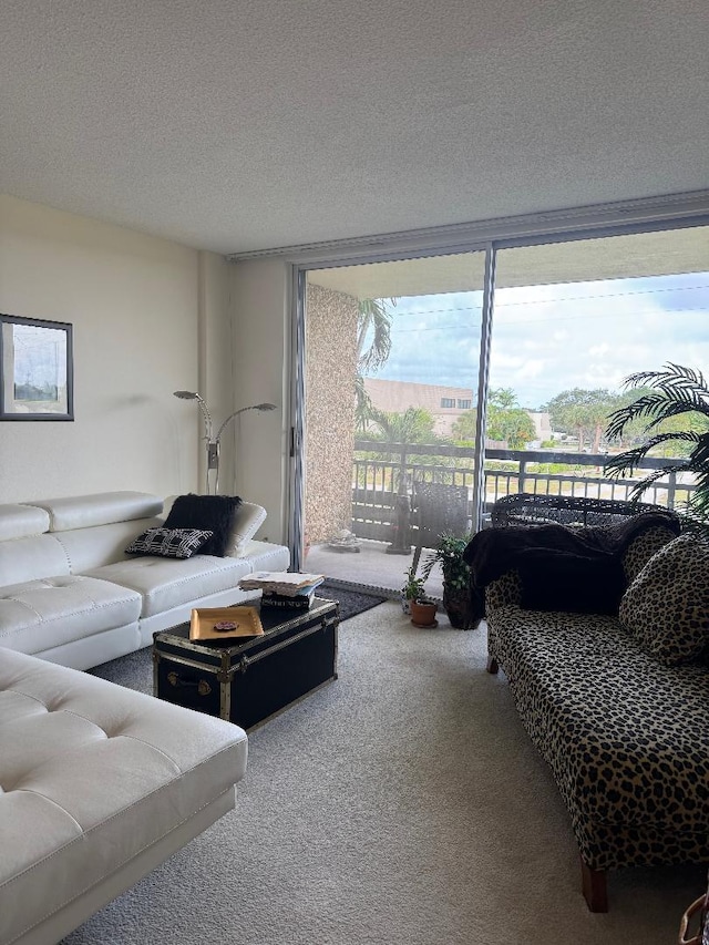 living room with a textured ceiling, carpet floors, and a wall of windows