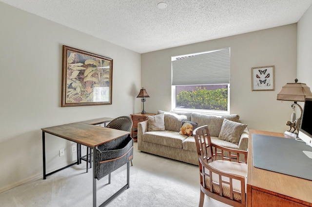 home office with a textured ceiling and light colored carpet