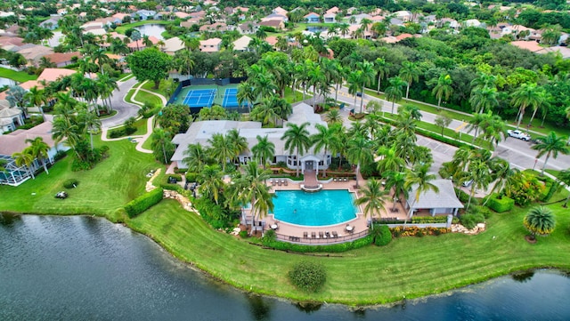 drone / aerial view featuring a water view