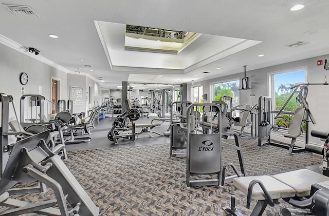 exercise room featuring a raised ceiling and crown molding