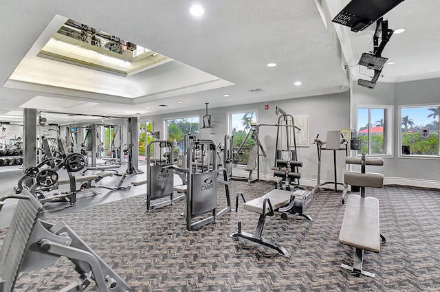 exercise room featuring a raised ceiling, crown molding, carpet floors, and a healthy amount of sunlight