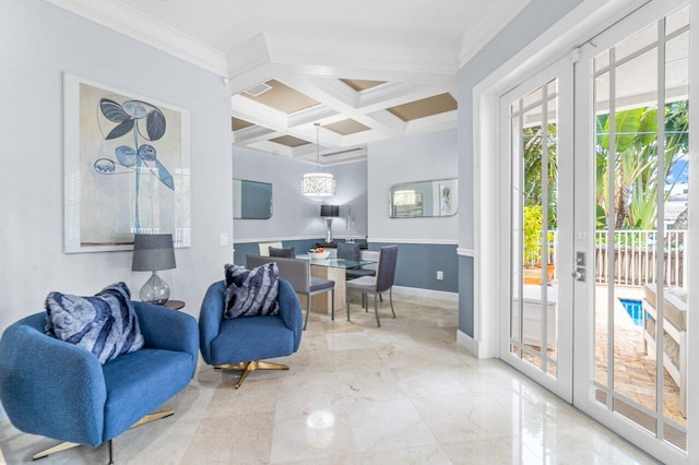 living room with beam ceiling, french doors, ornamental molding, and coffered ceiling