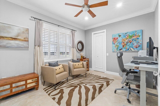 office area with crown molding and ceiling fan