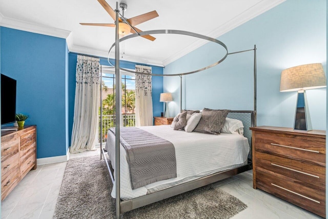 bedroom featuring ceiling fan, access to exterior, and crown molding