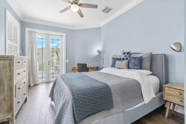 bedroom featuring hardwood / wood-style floors, french doors, ceiling fan, access to exterior, and ornamental molding