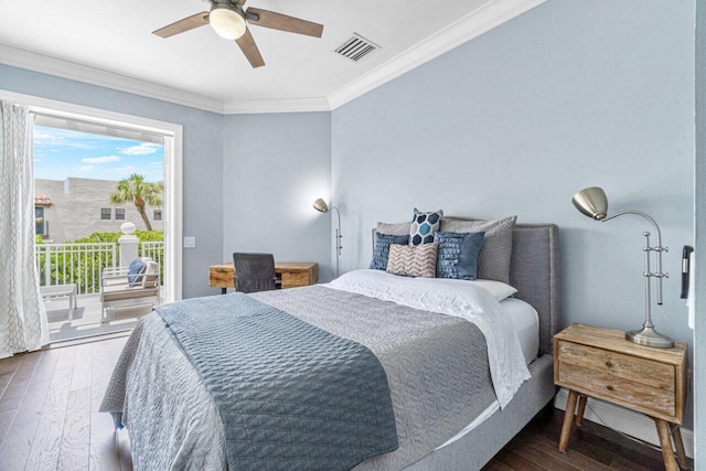 bedroom featuring ceiling fan, dark hardwood / wood-style floors, access to exterior, and ornamental molding