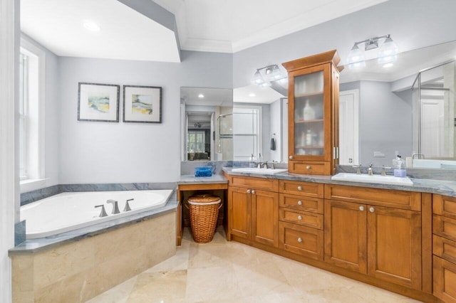 bathroom featuring plus walk in shower, vanity, and ornamental molding