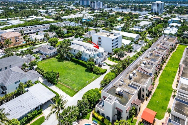 drone / aerial view with a water view