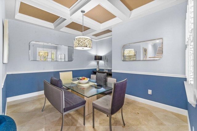 dining area with beam ceiling, crown molding, and coffered ceiling