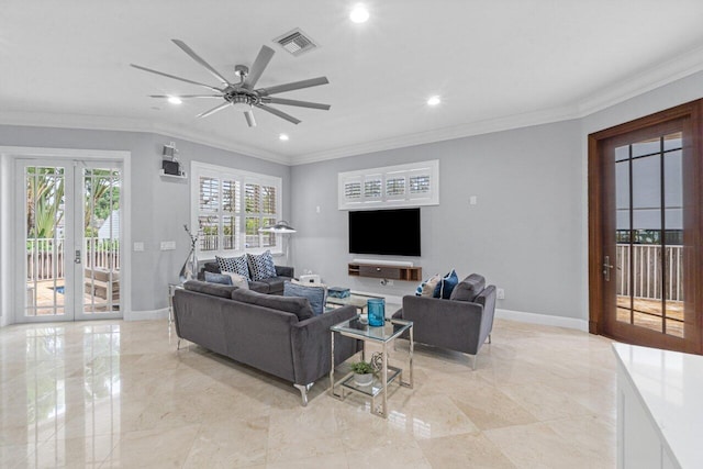 living room with french doors, ceiling fan, and ornamental molding