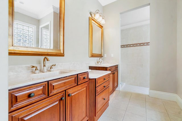 bathroom with tile patterned flooring, vanity, and ornamental molding