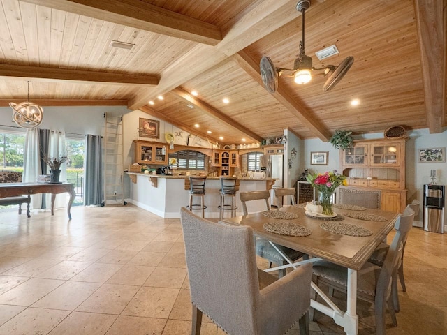 dining room featuring lofted ceiling with beams, wooden ceiling, ceiling fan with notable chandelier, and light tile patterned floors