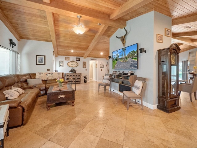 living room with beam ceiling, wood ceiling, a healthy amount of sunlight, and high vaulted ceiling