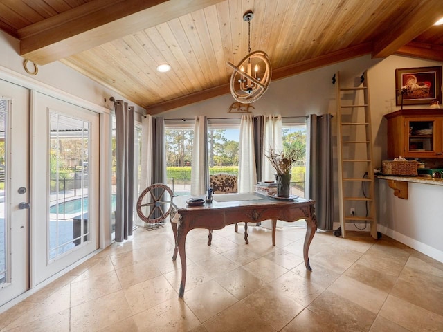 office area with wood ceiling and lofted ceiling with beams