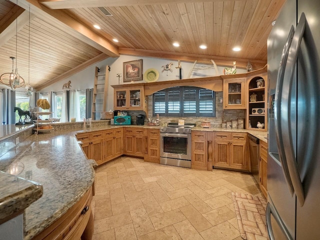 kitchen with appliances with stainless steel finishes, backsplash, pendant lighting, lofted ceiling with beams, and an inviting chandelier