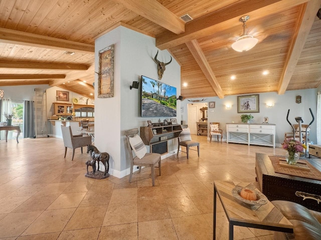 living room featuring lofted ceiling with beams and wood ceiling