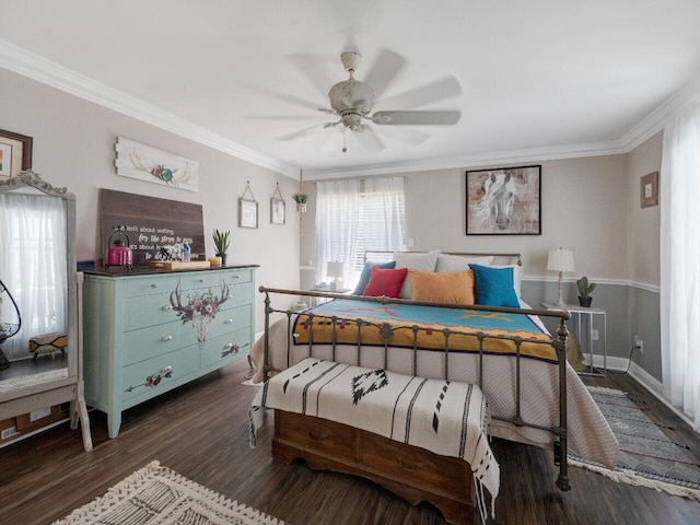 bedroom with ceiling fan, dark hardwood / wood-style flooring, and ornamental molding