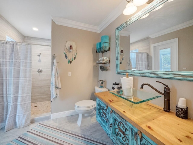 bathroom with a healthy amount of sunlight, walk in shower, tile patterned floors, crown molding, and toilet