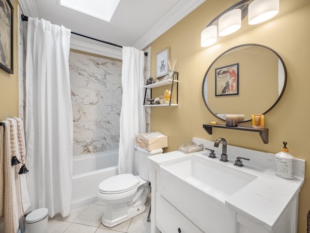 full bathroom with tile patterned flooring, shower / bath combination with curtain, toilet, vanity, and ornamental molding