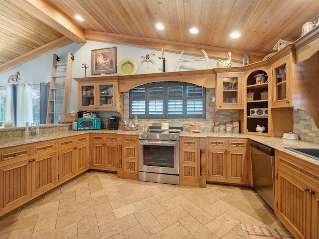 kitchen with appliances with stainless steel finishes, backsplash, and lofted ceiling with beams