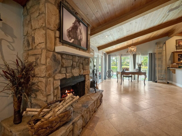 living room featuring a chandelier, vaulted ceiling with beams, a stone fireplace, and wooden ceiling