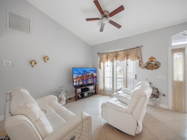 tiled living room with vaulted ceiling and ceiling fan