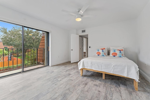 bedroom with ceiling fan, access to exterior, and light wood-type flooring