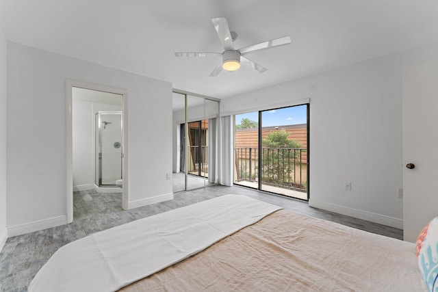 bedroom with ensuite bathroom, ceiling fan, access to exterior, light wood-type flooring, and a closet