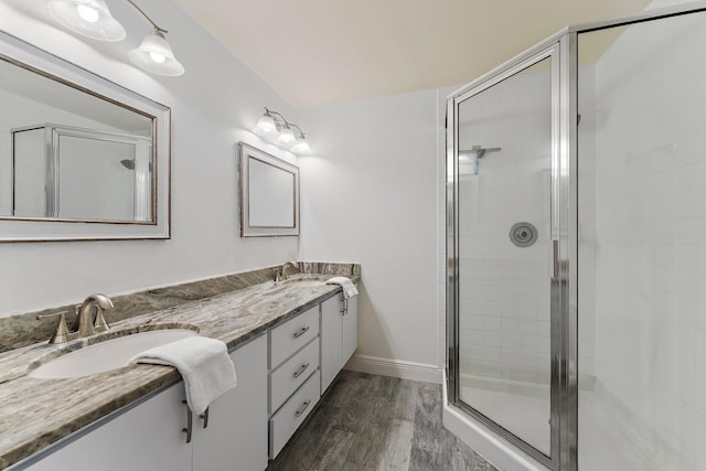 bathroom with vanity, wood-type flooring, and a shower with shower door