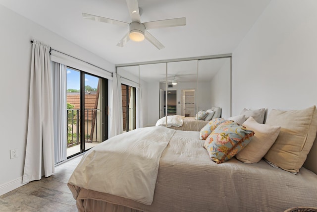 bedroom featuring ceiling fan, access to exterior, and a closet