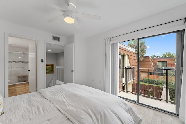 bedroom featuring access to outside, ceiling fan, ensuite bathroom, and light wood-type flooring