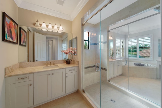 bathroom featuring tile patterned floors, vanity, ornamental molding, and shower with separate bathtub