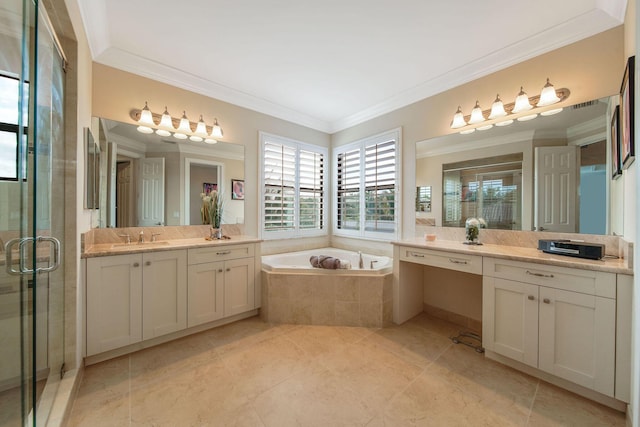 bathroom with tile patterned flooring, ornamental molding, vanity, and independent shower and bath