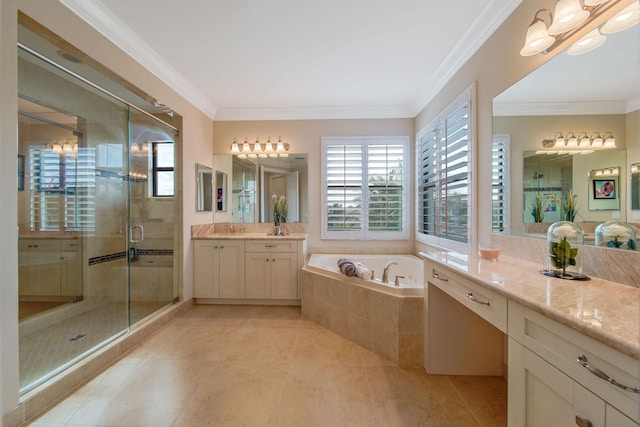 bathroom featuring plus walk in shower, vanity, tile patterned floors, and ornamental molding