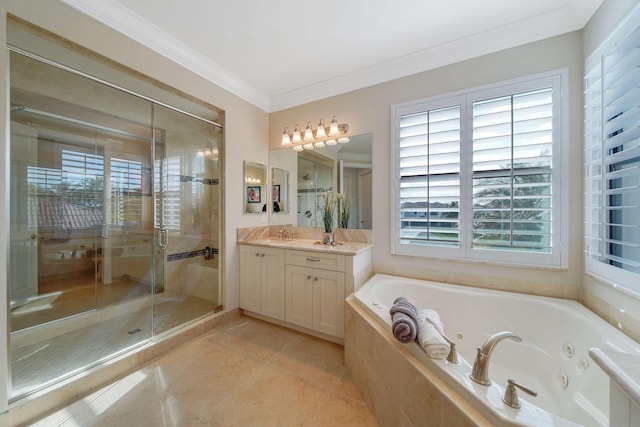 bathroom featuring tile patterned floors, vanity, crown molding, and plus walk in shower