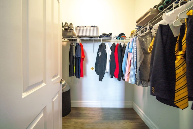 walk in closet with dark wood-type flooring