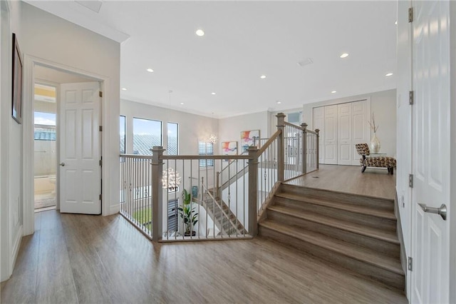 stairs featuring hardwood / wood-style flooring