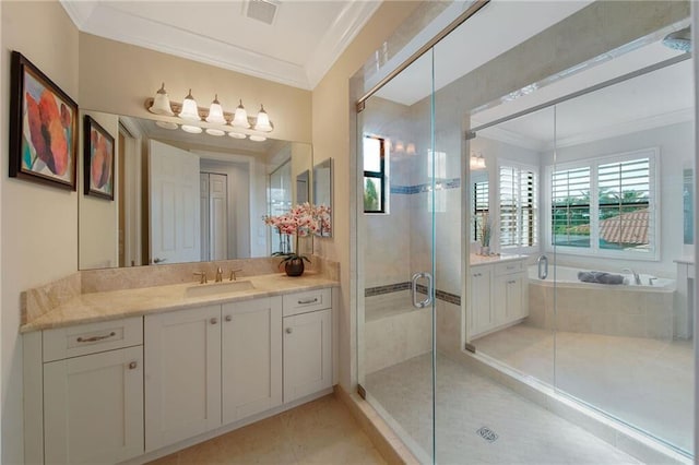 bathroom featuring tile patterned flooring, vanity, ornamental molding, and shower with separate bathtub